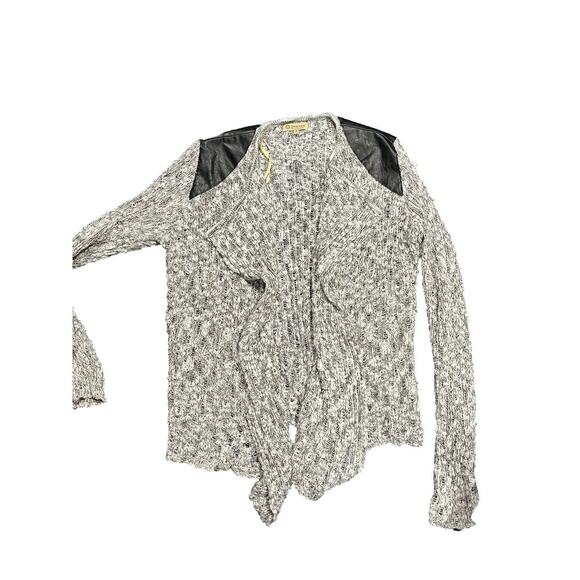Democracy Open Front Cardigan Sweater Medium Draped edgy Faux Leather Detail - Picture 2 of 4